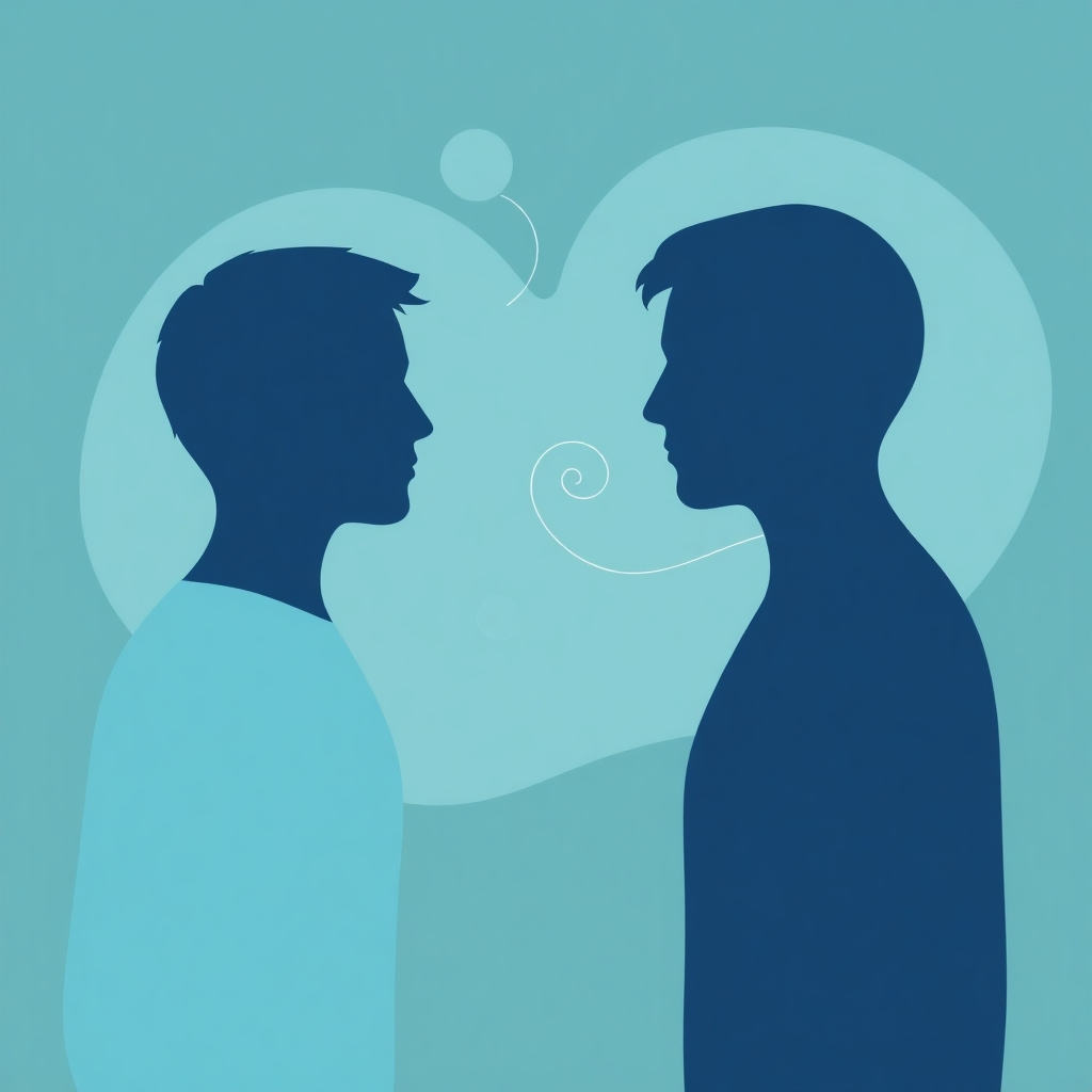 Create a stylized illustration representing verbal de-escalation. Two figures are facing each other, with swirling lines and shapes between them symbolizing the exchange of words. Use a color palette of calming blues and greens. The figures should be silhouetted or abstract, emphasizing the power of communication rather than individual identities. The image should convey a sense of calm and control. Style reference: abstract art with a focus on communication. Technical specs: 4K resolution, high quality rendering.
