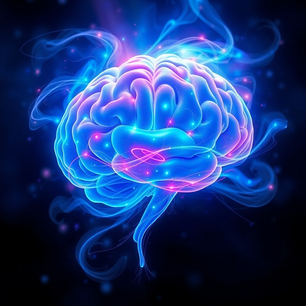 Create an abstract image representing intuition. The image should incorporate elements such as a human brain, glowing energy, and swirling patterns. Use a color palette of vibrant blues, purples, and greens to convey a sense of insight and awareness. The style should be dreamlike and ethereal. Technical specs: 4K resolution, high quality rendering, volumetric lighting.