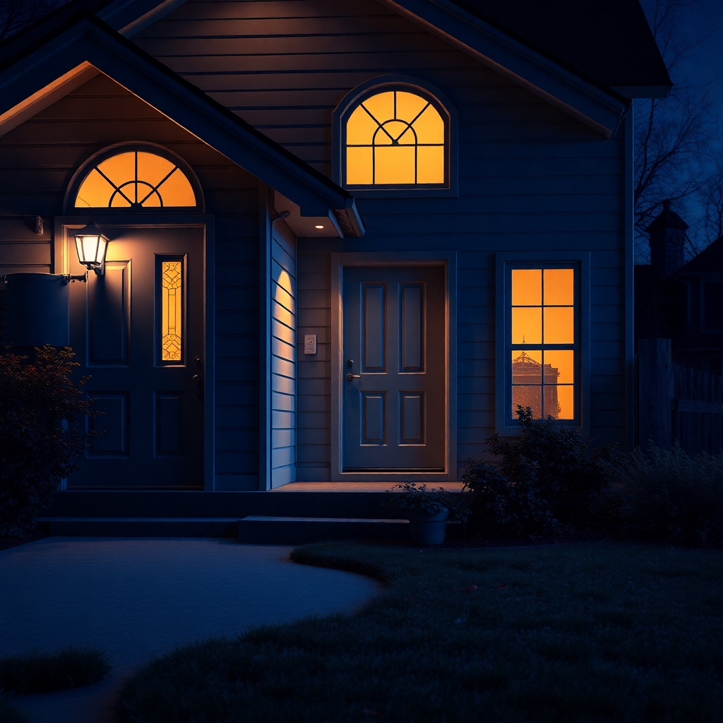 Create an image depicting a secure home at night. The house should have visible security features such as motion sensor lights, a security system keypad, and reinforced doors and windows. The lighting should be warm and inviting from the inside, with cool, blueish tones outside. The scene should convey a sense of safety and protection. Style reference: modern home security advertising. Technical specs: 4K resolution.