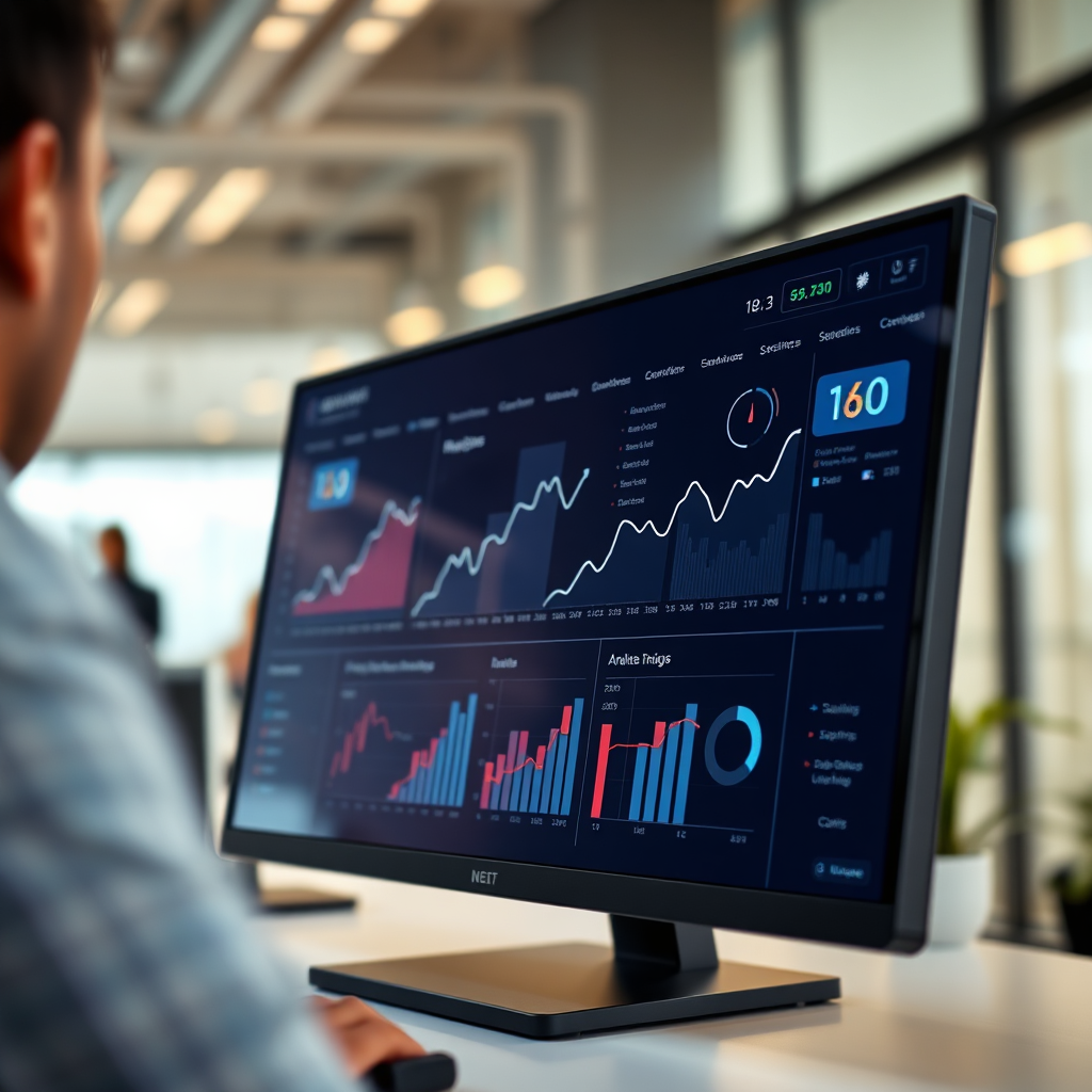 A clear and striking image of a dashboard displaying analytics and growth metrics, set against a blurred background of a busy office. The lighting should be soft, creating a sophisticated feel. Use a dark color palette for the dashboard with bright graphs for contrast. The camera angle should emphasize the screen, capturing the clarity of the data, inviting the viewer to engage. The overall design should be high quality and modern.