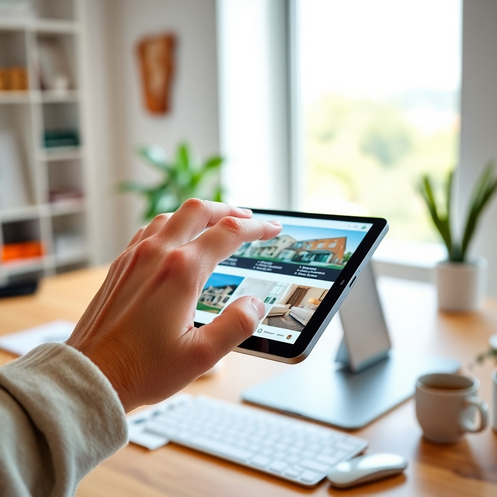 A close-up of a hand interacting with a touchscreen displaying the user-friendly interface of AmyParks.com. The screen showcases an array of properties with crisp images and user-friendly icons, surrounded by a bright and modern workspace. The focus should be on the active engagement of the user, capturing the simplicity and efficiency of the platform. The composition should exude a sense of ease and satisfaction, presented in high-quality photorealism.