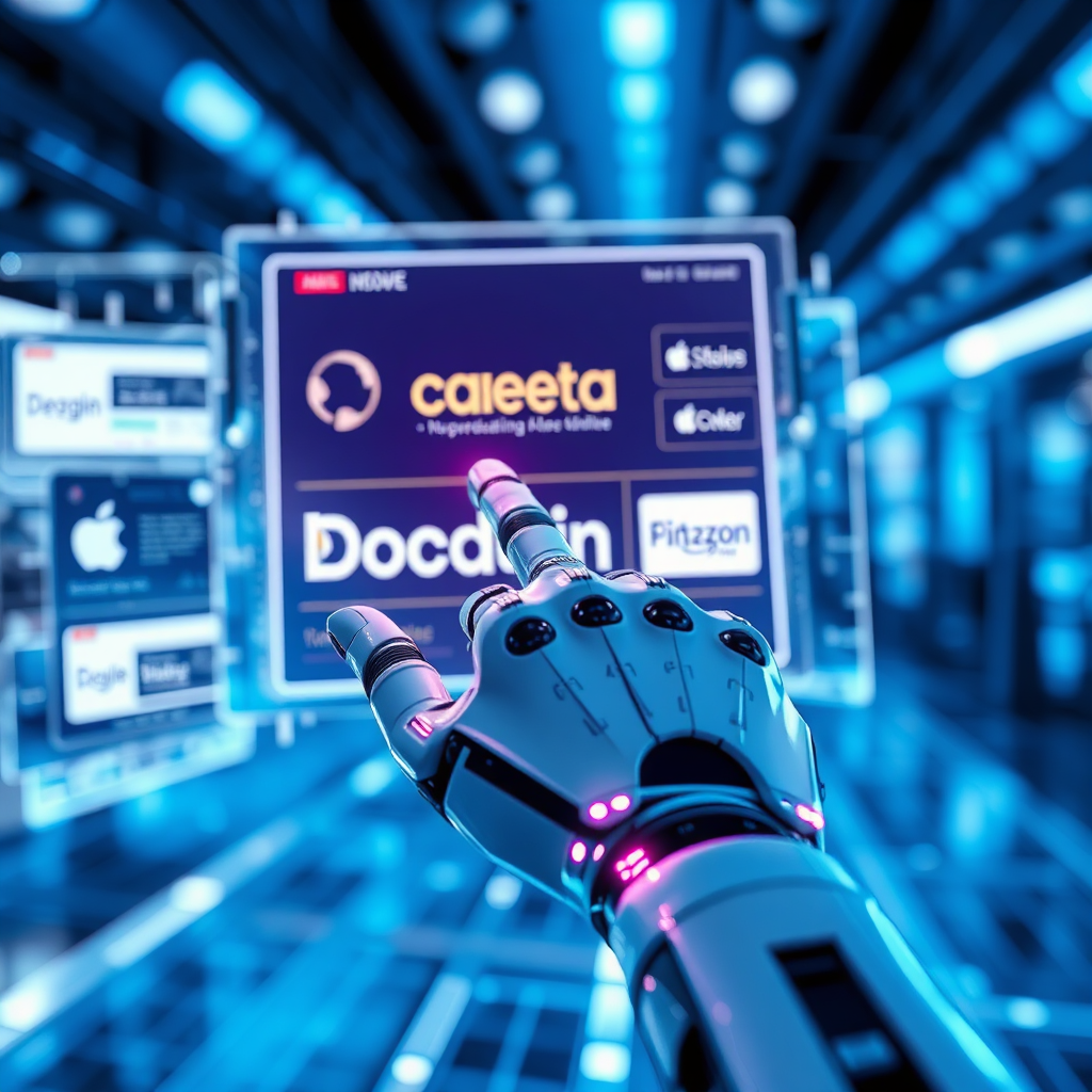 A conceptual image visualizing AI's role in branding, featuring a robotic hand reaching towards a digital screen with branding examples. The setting should be futuristic with blue and silver tones. Soft focus on the background gives it a sleek, tech-savvy look. Include elements like holographic displays or abstract patterns indicating data flow. The camera angle should be dynamic, showcasing the hand and screen's interaction. The image should be of high quality.