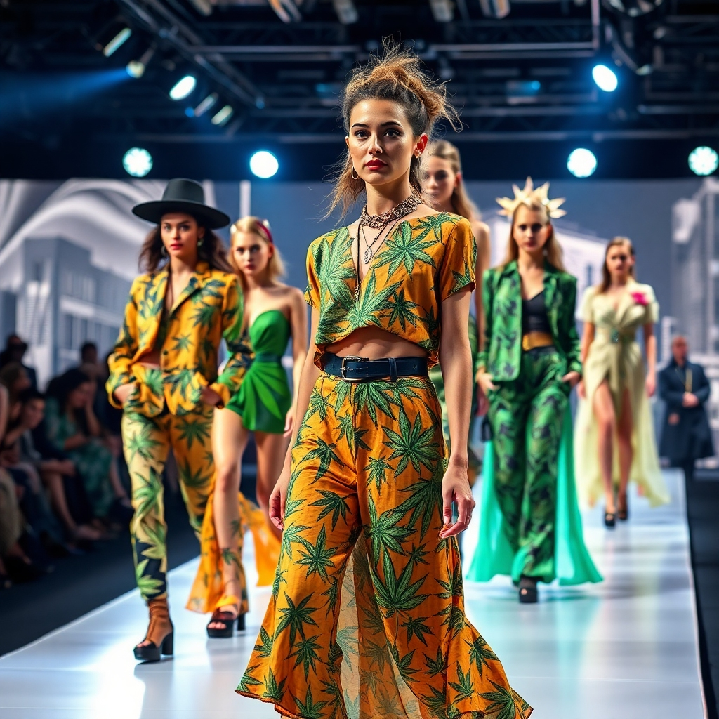 A detailed image of a fashion runway where models present a show featuring cannabis-themed designs blending streetwear and high fashion. The lighting is dynamic, with focused spotlights on each model. The backdrop is modern and stylish, showcasing a cityscape scene. New materials and colors are evident in the fabrics of the clothing, accentuating creativity and the cannabis motif. Capture this in stunning detail, emphasizing textures, in a hyper-realistic style.