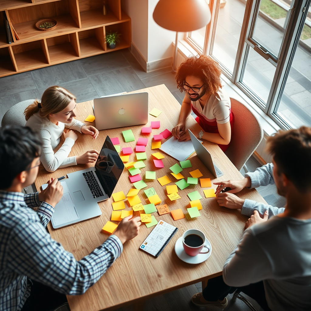 A dynamic image showing a creative team brainstorming marketing strategies with colorful sticky notes spread around a table. The composition should be lively, with plenty of natural light and a vibrant color scheme of reds, greens, and yellows. Props like laptops and coffee cups will create a collaborative environment. Capture the action with a camera angle that shows enthusiasm and teamwork. The high quality should reflect creativity.