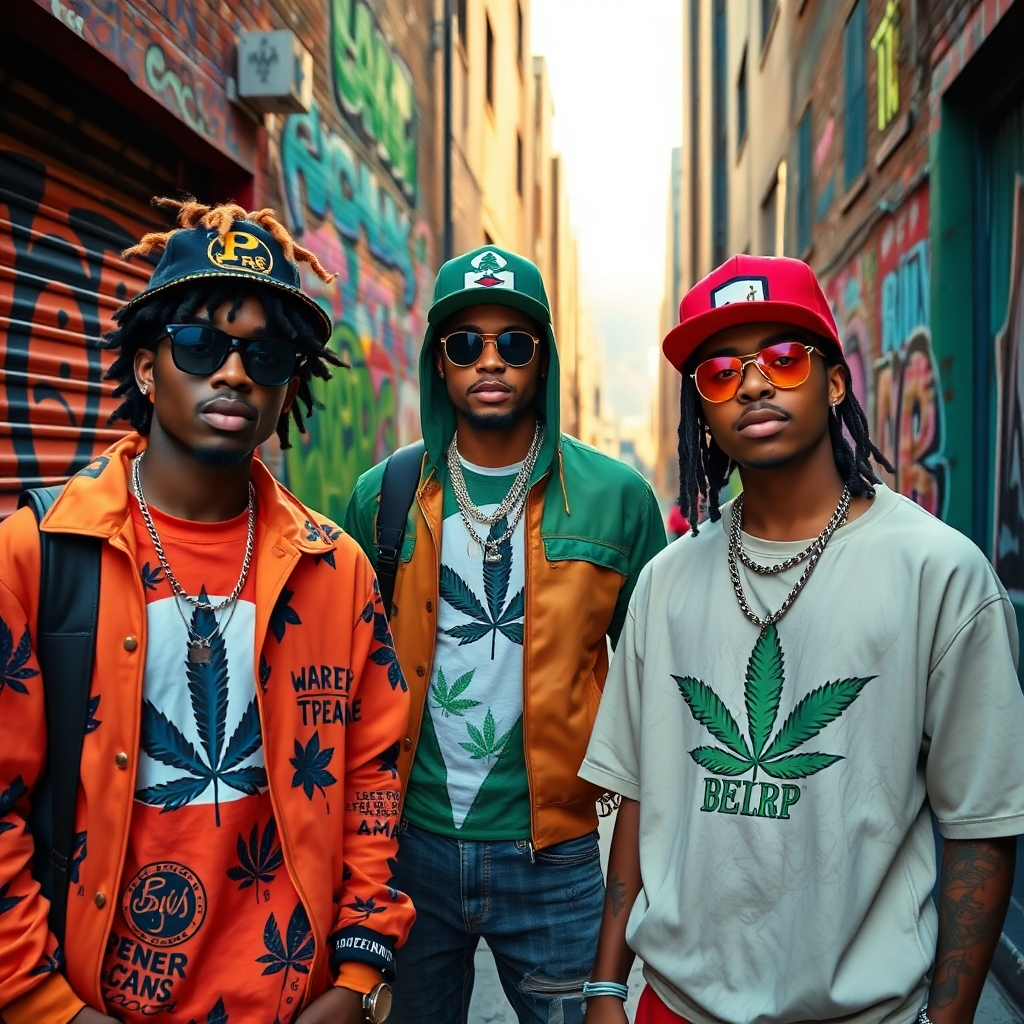 A dynamic street scene featuring individuals in stylish streetwear heavily inspired by cannabis culture. The image captures the urban setting with graffiti backgrounds and colorful clothing. The lighting is evocative of a golden hour, lending warmth to the scene. Key details highlight the thoughtfulness in design and craftsmanship. This photorealistic portrayal should inspire a sense of youth and rebellion, produced in exceptional quality.