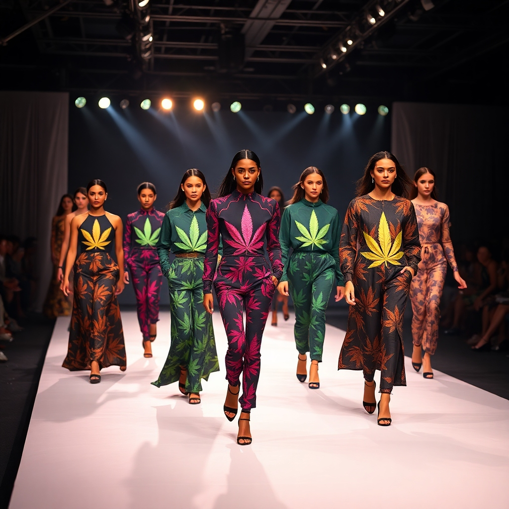 A glamorous image of a high-end fashion show where the theme is inspired by cannabis. Models walk the runway in striking outfits featuring cannabis motifs in bold prints and luxurious fabrics. The dramatic lighting emphasizes elegance, and a sophisticated backdrop adds to the ambiance. This image captures the essence of elegance meeting streetwear in an exceptional quality representation.