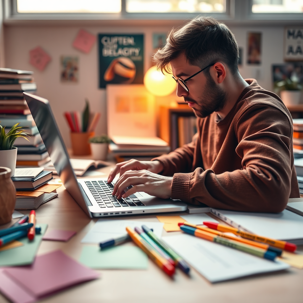 A high-quality image showcasing a content creator typing on a laptop, surrounded by a creative workspace cluttered with notes and colorful markers. The lighting should be warm and inviting, with a bright color palette of pastels to stimulate creativity. Include elements like books and plants to promote a cozy work environment. The camera angle should highlight the creator's concentration, presenting a relatable and inspiring scenario.