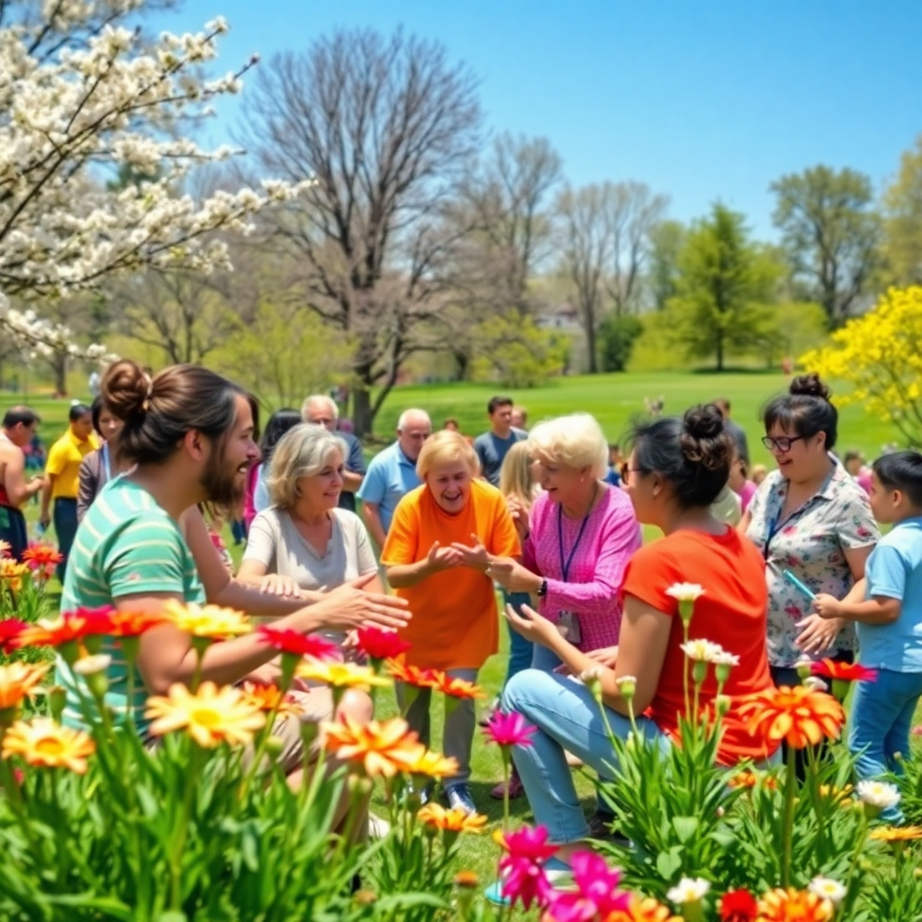 A lively community gathering where people of all ages participate in activities promoting resilience. The scene is filled with engaging games and laughter, set in a bright park with flowers blooming all around. The vivid colors create an atmosphere of joy and collaboration, with an aerial camera angle capturing the sense of community and connectedness, rendered in high quality.