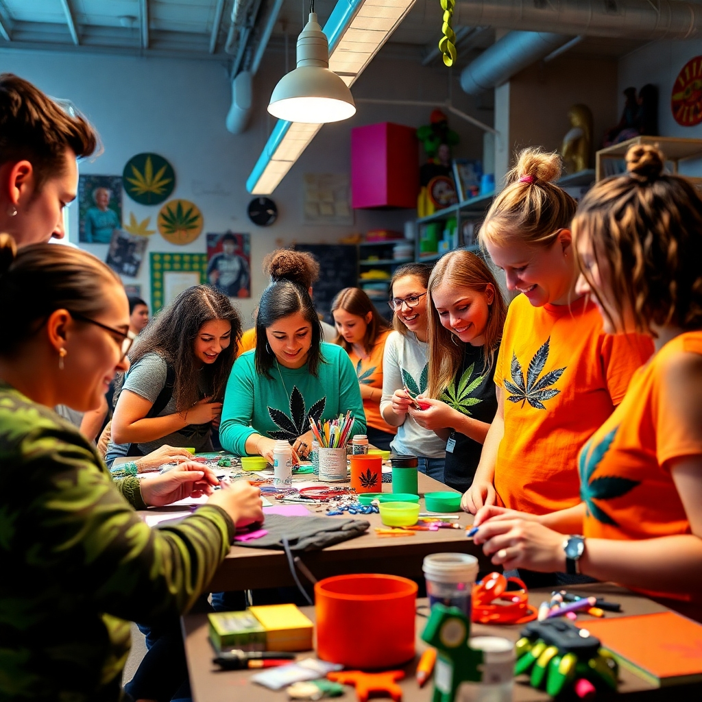 A lively image capturing a workshop in progress where participants engage in designing their own cannabis-themed apparel and accessories. The setting is creative and dynamic, showcasing the joy of learning and collaboration. Bright, colorful materials fill the space, and participants are absorbed in the activity. The image should evoke a sense of community and creativity, rendered with discernable detail.