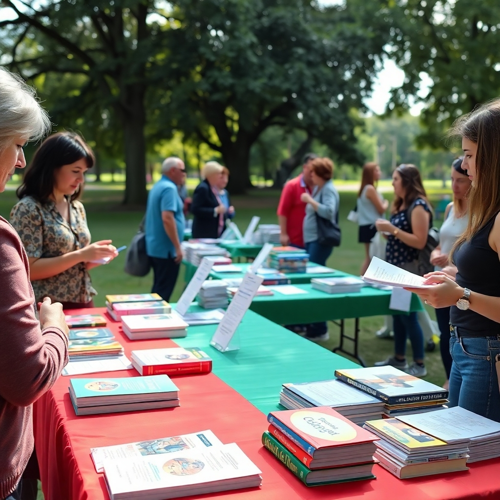 A photography shot showing a resource table at a community event featuring books, brochures, and mental health resource cards. The vibrant tablecloth contrasts with the greenery of the park, drawing attention to the materials. Participants browse and engage in conversation, symbolizing collaboration and knowledge sharing. The lighting is natural and warm, emphasizing the welcoming environment.