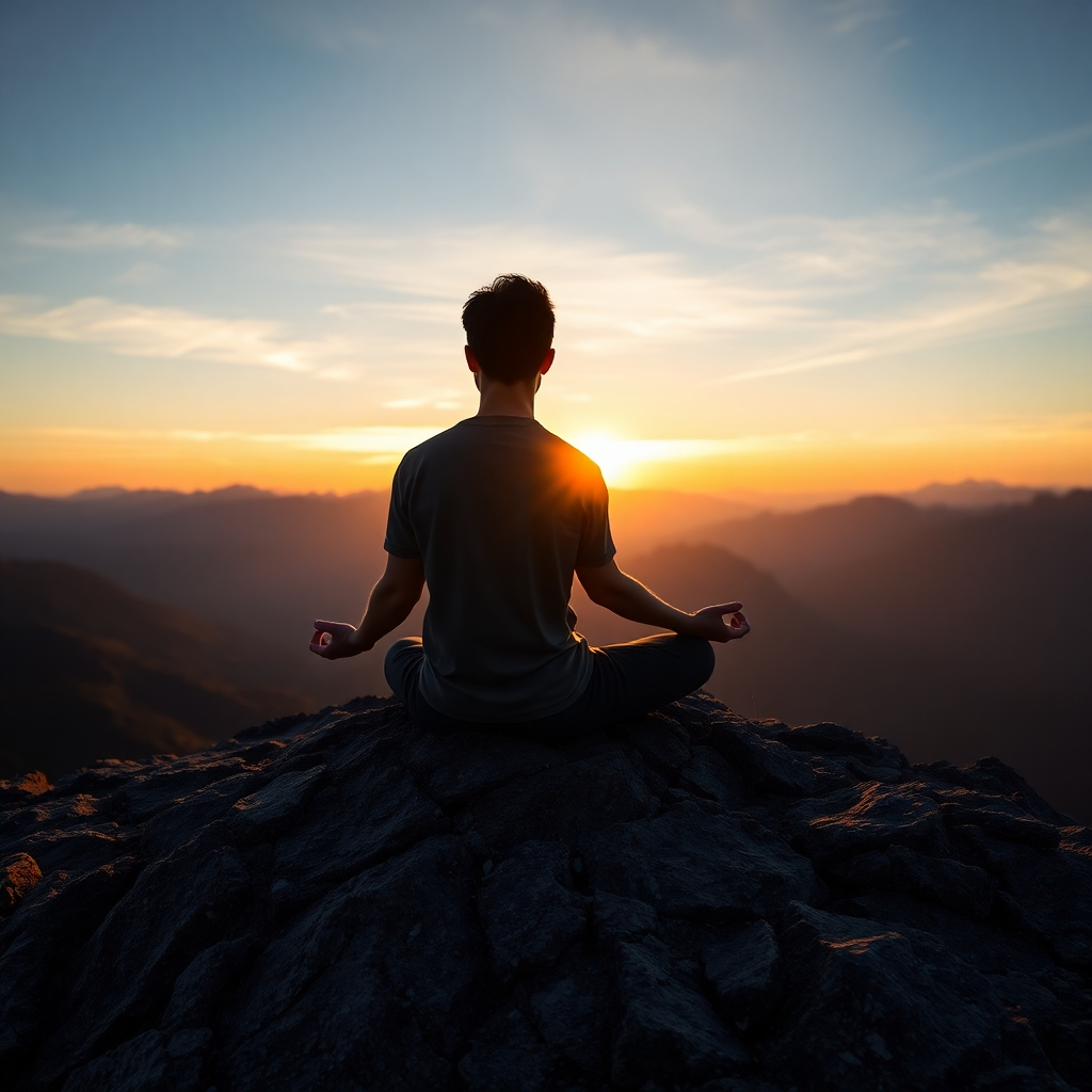 A photorealistic depiction of a person meditating on a peaceful mountain top at sunset. The individual is surrounded by breathtaking scenery, symbolizing inner peace and strength. The warm tones of the sunset contrast with the cool shades of the mountains, representing the duality of struggle and serenity. The texture of the rocky surface beneath them adds depth, while the composition focuses on the individual, enhancing the theme of personal growth in high quality.