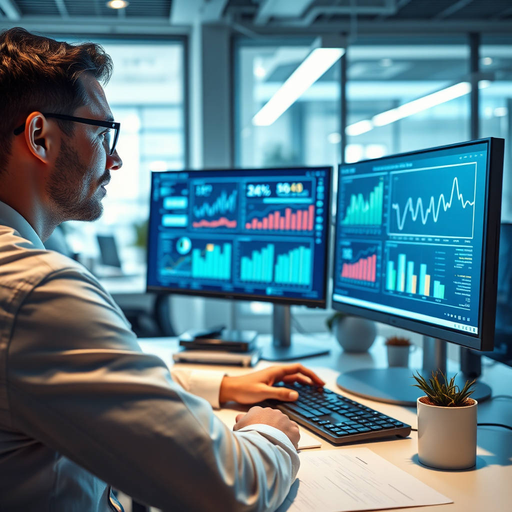 A photorealistic image depicting an AI marketing specialist analyzing trends on dual screens in a modern office environment. The scene should be bright and filled with technology, showcasing charts and data visuals. Use a color palette of cool blues and whites for a professional look. The camera angle should focus on the analyst's engaging expression while working, emphasizing a sense of productivity.