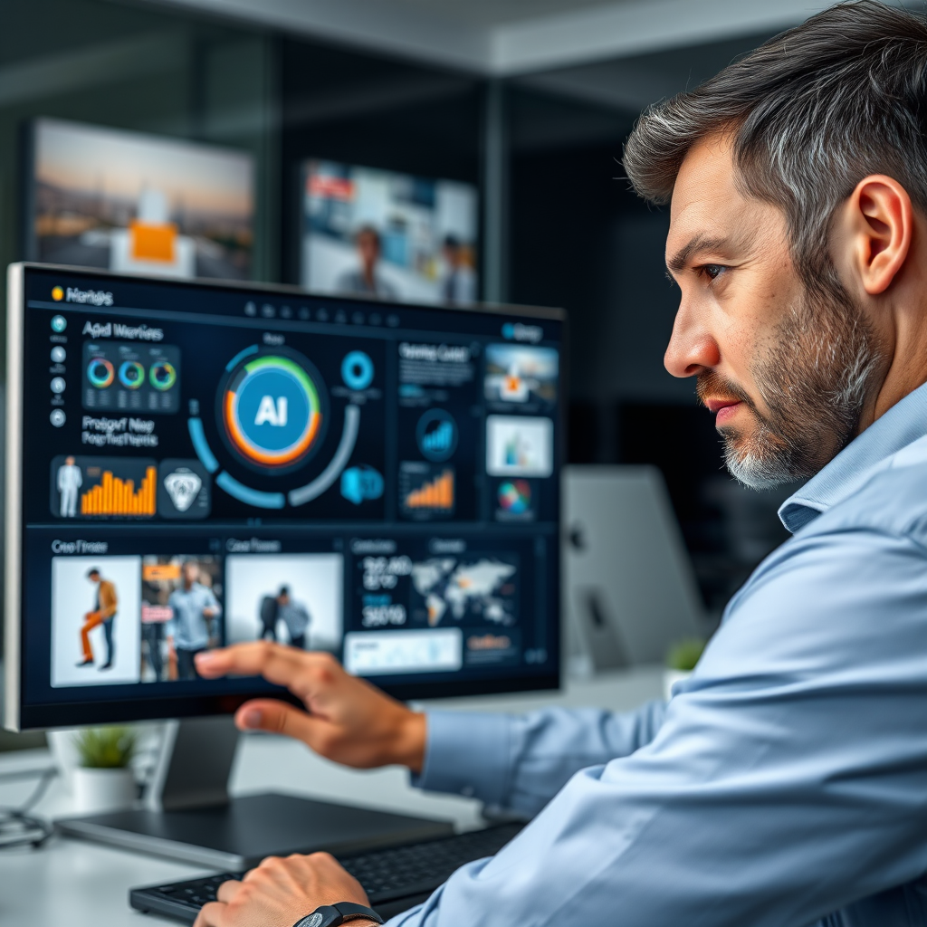 A photorealistic image of a professional reviewing AI tools on a sleek computer interface, surrounded by visuals of branding projects. The scene should be an office with good lighting that emphasizes the clarity of the screen. Incorporate a color palette featuring dark grays and bright accents. The camera angle should focus on the computer screen with a close-up of the professional’s face showing determination. Ensure high-resolution quality to reflect professionalism.