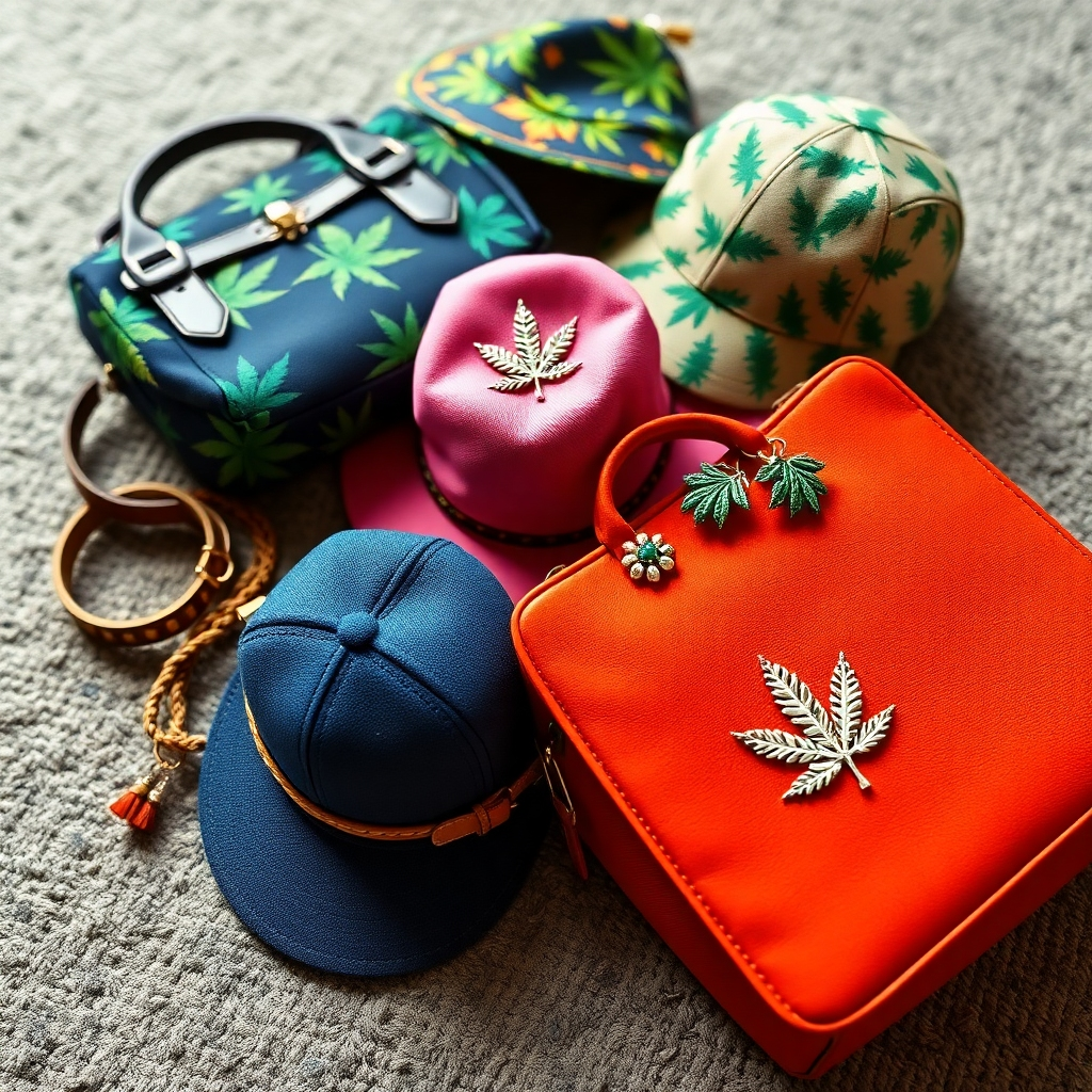 A photorealistic image showing a close-up of stylish cannabis-inspired accessories including bags, hats, and jewelry laid out on a textured surface. The composition features vibrant colors and intriguing patterns that demonstrate creativity. Soft, diffused lighting enhances the texture of each accessory, showcasing details like stitching and embellishments, creating a luxurious feel. The background remains blurred to keep focus on the products, captured in exquisite detail.