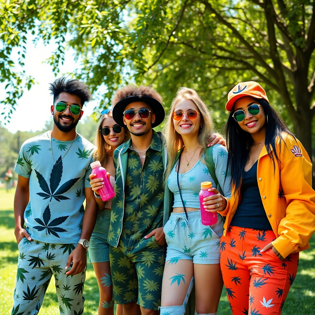 A photorealistic image showing a diverse group of friends, each sporting trendy cannabis gear and accessories in a park setting. The lighting is bright, capturing a sunny day with vibrant colors of their clothing and the surrounding greenery. Each person's outfit reflects the latest in cannabis fashion with bold patterns and unique cuts, and props like water bottles or picnic items create a relaxed atmosphere. The image should evoke a sense of friendship and style, rendered in high detail.