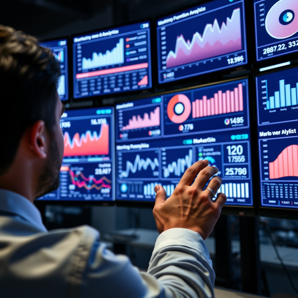 A photorealistic image showing a marketing analyst in front of multiple digital screens displaying data analytics and marketing KPIs. The scene should be sleek and modern, with ambient lighting focusing on the screens to showcase their brightness and clarity. Incorporate a color palette of dark blues and whites for a professional feel. The camera angle should focus closely on the analyst's hands interacting with the data. Create a contemporary office atmosphere in high quality.