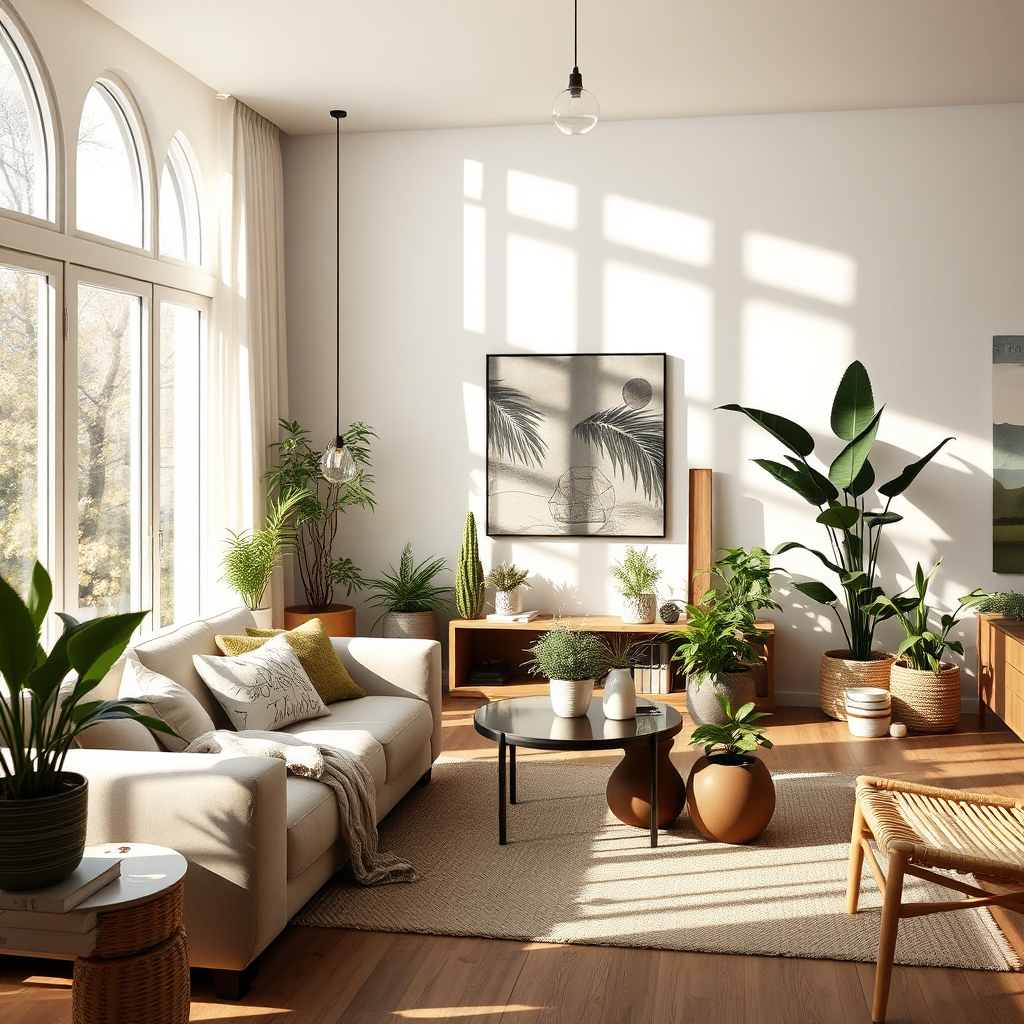 A serene photorealistic image displaying a staged eco-friendly living room, featuring sustainable materials and decorative plants. The lighting is natural and soft, giving it an inviting feel. Decor elements like recycled materials and energy-efficient lighting should be visible. The composition highlights a balance between aesthetics and ecological awareness, emphasizing trends in sustainability within the real estate marketing sector. The image reflects modern styles while being environmentally conscious, presented in rich detail.