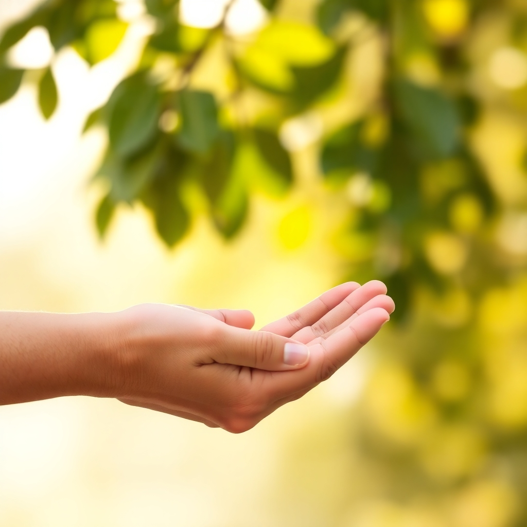 A simple yet powerful image of a hand offering a comforting gesture to another hand, symbolizing support and understanding. The background is softly blurred to emphasize the hands, with gentle sunlight filtering through leaves, creating a peaceful atmosphere. Warm colors suggest compassion and healing, while texture adds realism to the skin and surrounding environment, creating a high-quality visual representation.