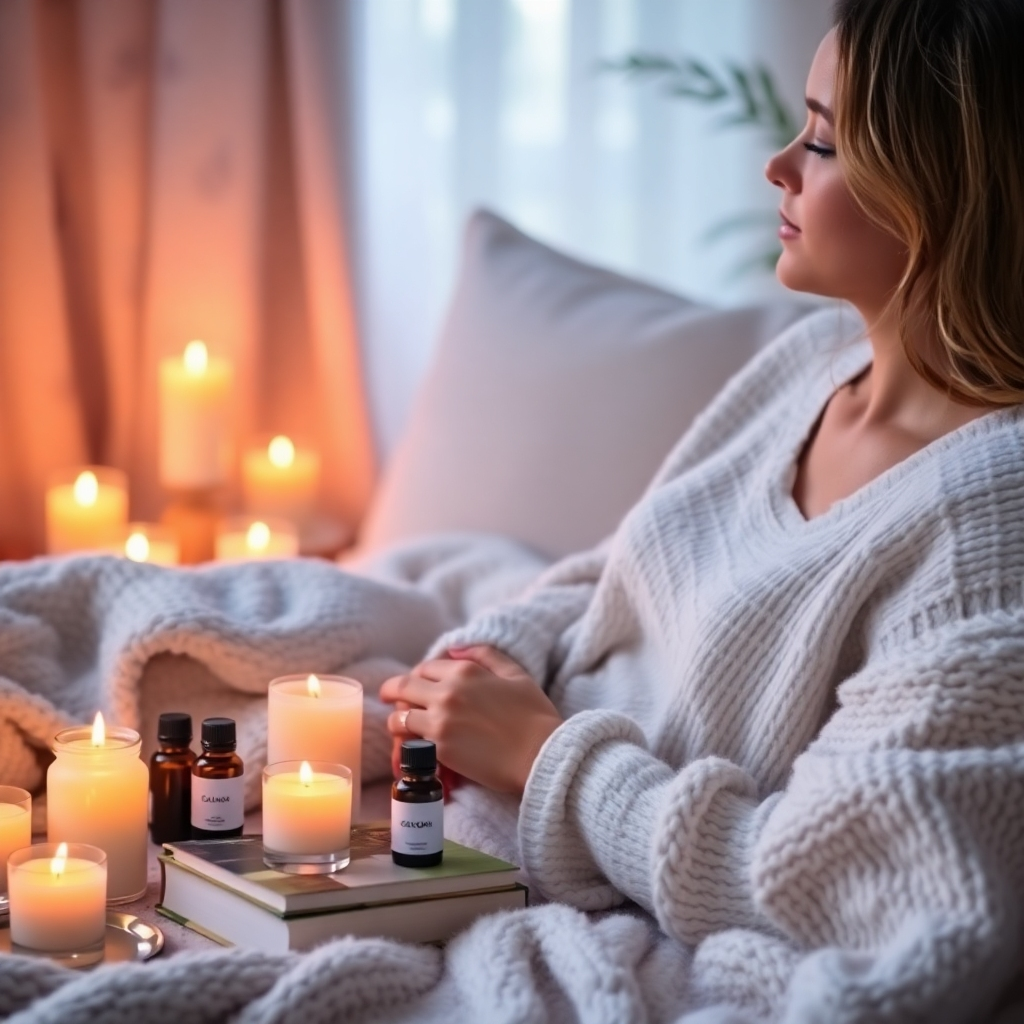 A soothing image of a person enjoying a self-care routine at home, surrounded by candles, essential oils, and calming books. The warm glow of candlelight fills the room, creating a tranquil vibe. The space is styled with plush blankets and soft cushions, promoting relaxation. The color palette includes warm neutrals and gentle pastels, fostering a sense of peace, captured in rich detail.