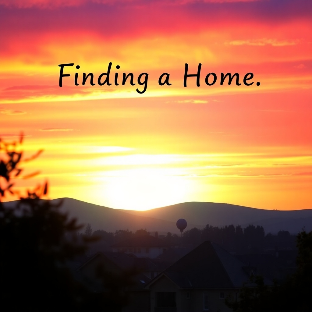 A stylistic image capturing a scenic sunset view over a thriving neighborhood, symbolizing the journey of finding a home. The vibrant colors of the sunset blend into the silhouettes of houses, suggesting dreams and aspirations. The camera angle should frame the sunset beautifully, with foreground elements like trees gently swaying. The image's essence is to evoke feelings of hope and belonging, capturing the spirit of Amy Parks in high-quality visual art.