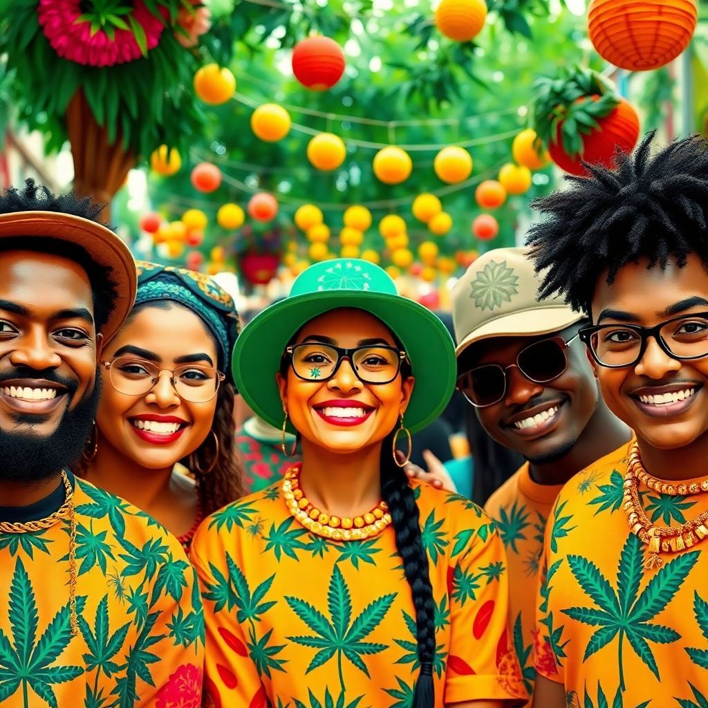 A stylized image capturing diverse individuals wearing culturally inspired cannabis apparel at a vibrant festival. The layout features faces displaying joy and cultural expression with bright, festive colors. The setting is lively, supplemented by decorations and greenery. The image conveys inclusivity and celebration, depicting how cannabis apparel transcends cultural boundaries, rendered with a keen focus on vibrancy and detail.
