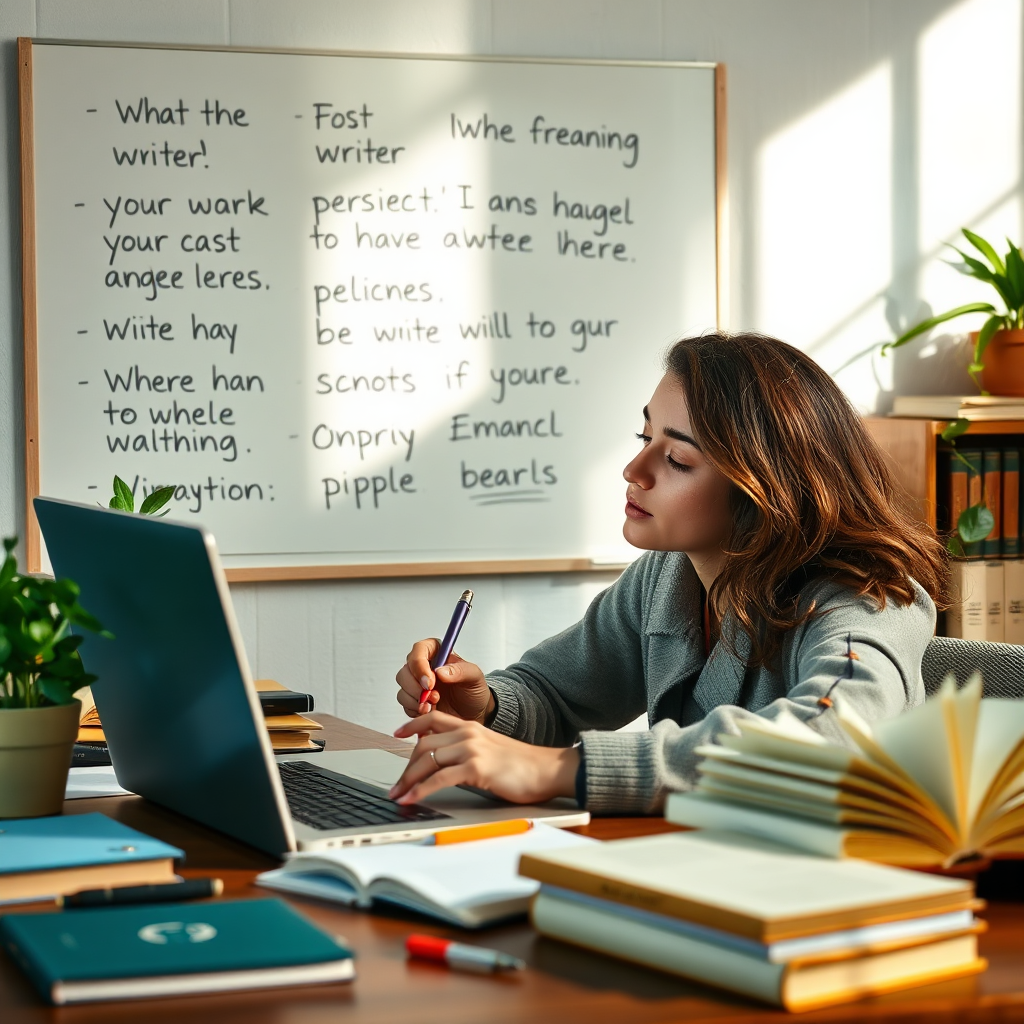A stylized image depicting a writer deep in thought, surrounded by notes and an open laptop, with a backdrop of motivational quotes on a whiteboard. The composition should have soft, natural lighting that evokes a creative spirit. Use a soothing color palette with greens and browns to enhance focus. Props like books and plants will add a nurturing feel to the environment. The camera angle should capture the writer immersed in their creative process, and the image needs to have a high-quality look.