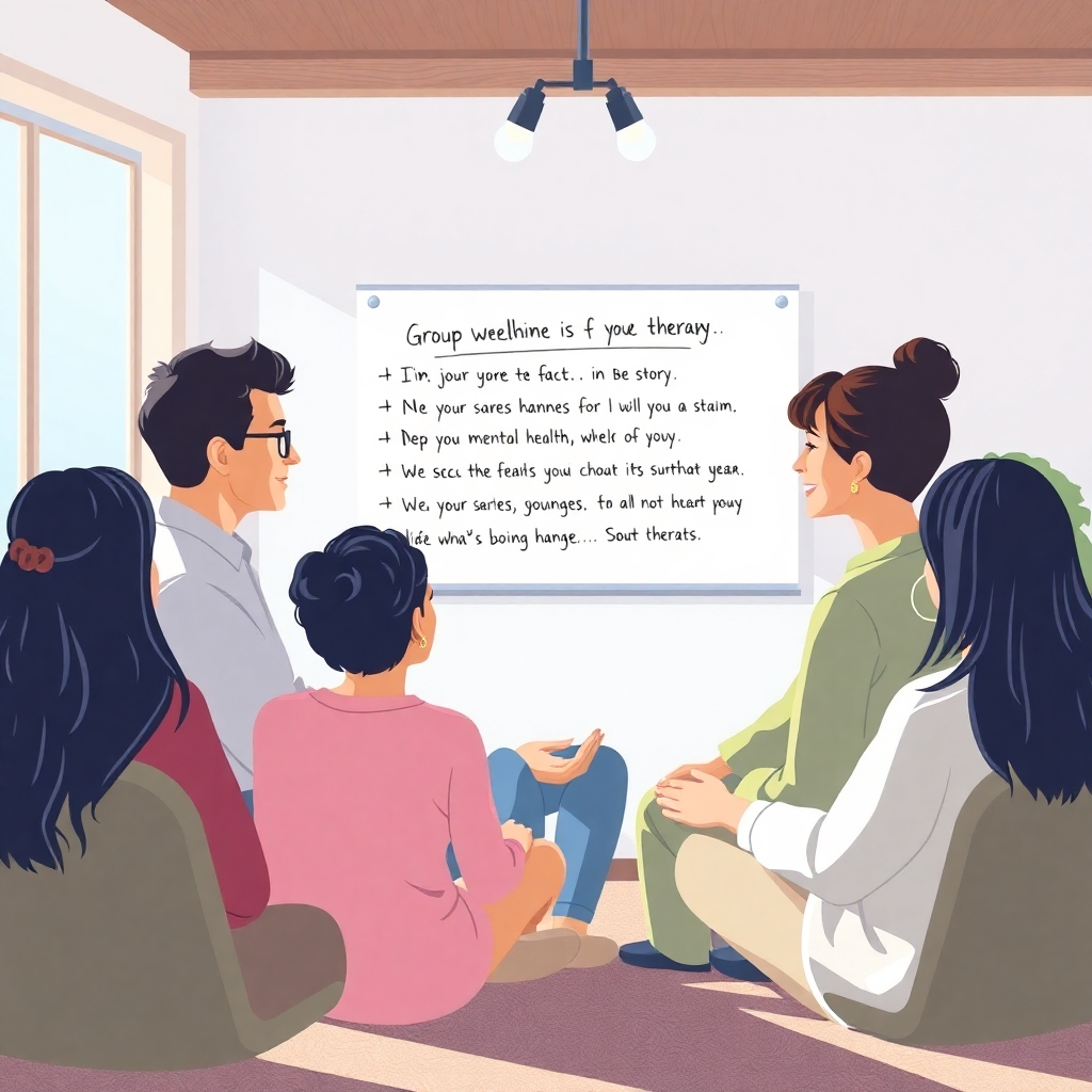 A stylized image showing a peaceful group therapy session in a bright, airy room. Participants share their stories while a therapist listens attentively. The ambiance is filled with a sense of empathy and understanding, illustrated through soft lighting and warm colors. A whiteboard in the background lists key mental health facts, serving as a supportive tool. The colors include soft blues and greens, implying serenity, and the texture details of the room create a welcoming atmosphere.