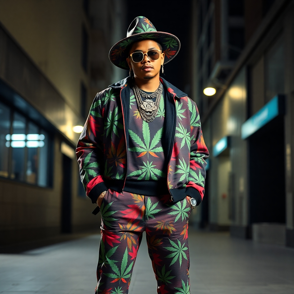 A stylized image where a person is wearing a vibrant cannabis-themed outfit complemented by eye-catching accessories. The individual stands confidently in an urban environment, styled in a way that emphasizes their personality. The lighting is dramatic yet subtle, enhancing product elements like a distinctive hat or an ornate necklace. This image should project energy and individuality, rendered in a high-quality, striking style.