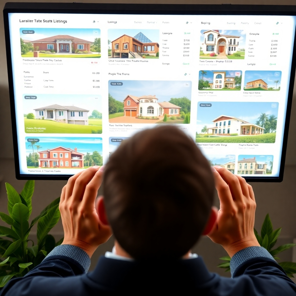 A vibrant and engaging display of various real estate listings on a digital platform, showcasing luxurious homes, townhouses, and condos. The screen is brightly lit with a modern interface, surrounded by hints of greenery to connect the digital world with the real estate environment. The scene is captured from above the shoulder of a potential buyer, highlighting their interest and excitement. The composition aims for a balance of technology and real estate charm in a high-quality, photorealistic rendering.