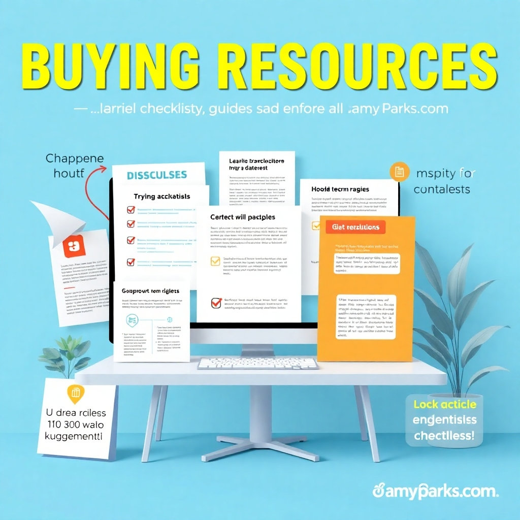 A vibrant and informative graphic displaying various buying resources such as checklists, guides, and expert articles available on AmyParks.com. The composition should be dynamic, featuring bold colors and clear fonts to emphasize accessibility and knowledge. The setting is inspired by a modern digital workspace, inviting users to engage and learn. The final render should be rich in detail and clarity, achieving a high-quality finish.