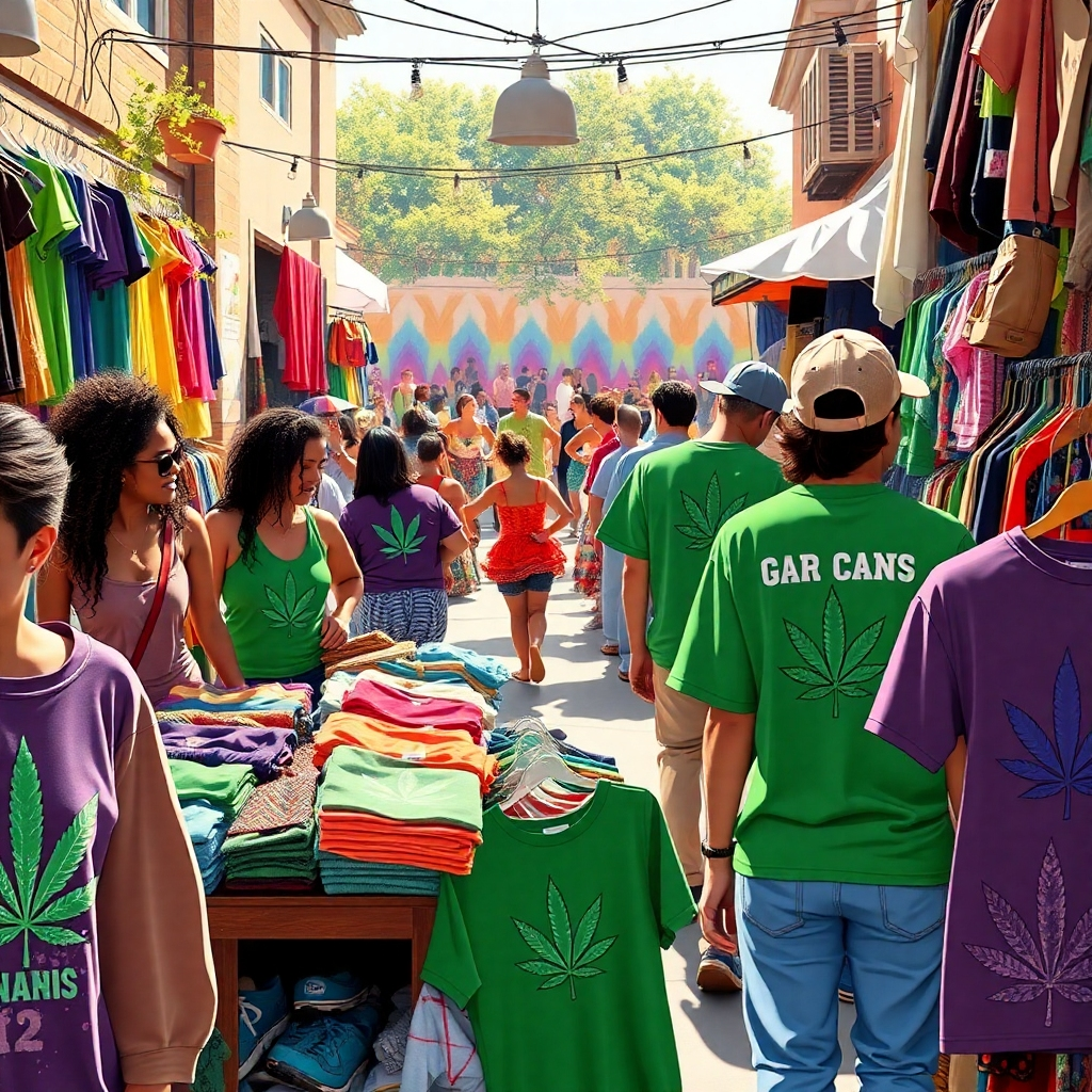 A vibrant community scene illustrating a local market where artisans sell handmade cannabis-themed apparel. The setting is bustling with activity, colorful dance performances in the background, and a variety of textures highlighted in the clothing. Natural daylight glimmers on the product displays, and patrons browse with enthusiasm. This image should embody community spirit and creativity, captured in high fidelity.
