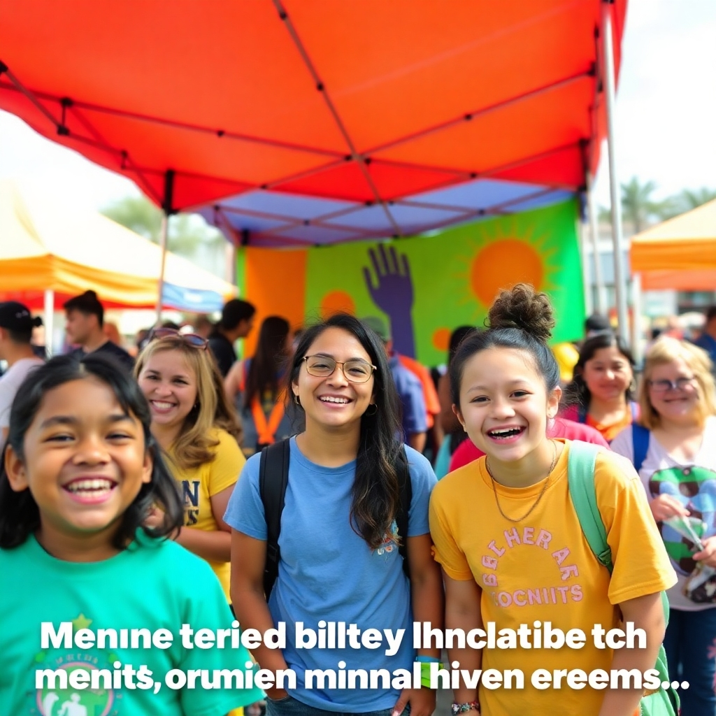 A vibrant image capturing a community event dedicated to mental health awareness. People of various ages enjoy activities focused on mindfulness and support, under colorful tents. The joyous expressions of participants and expressive art installations create a lively atmosphere of connection and hope. Bright hues of orange, blue, and green dominate the scene, making it visually appealing and engaging.