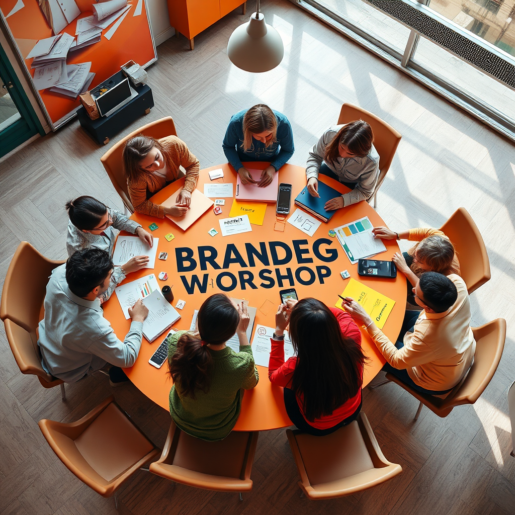 A vibrant image of a branding workshop in action, featuring people collaborating at a round table scattered with branding materials like logos, colors, and marketing plans. The lighting should be bright and energizing, with a color scheme that reflects creativity, such as oranges and yellows. Use a camera angle that captures multiple participants engaged in discussion, highlighting textures of paper and digital devices. The aesthetic should convey a lively workshop environment, and the image should be engaging and high-quality.