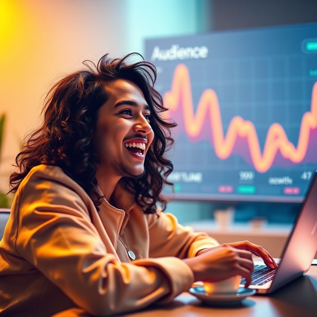 A vibrant image showcasing a side hustler celebrating success with a digital map of audience growth in the background. The lighting should be uplifting with colors that evoke joy, like soft yellows and greens. Props like a laptop and coffee symbolize the hustle lifestyle. Use a camera angle that gives an exaggerated view of growth trends in the background, creating an exciting atmosphere. The overall quality should be high, making the scene aspirational.