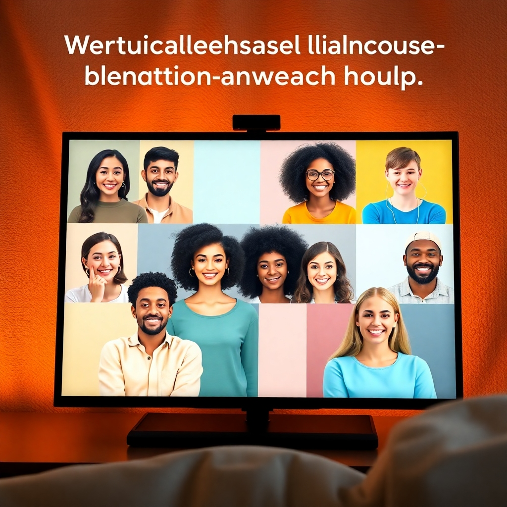 A visual representation of a virtual support group on a screen, featuring diverse individuals in a comforting online space. The background is warm and inviting, with soft textures and colors that promote relaxation. Each face shines with connection, symbolizing the importance of virtual communities. The image reflects a modern and high-quality approach to mental wellness support.