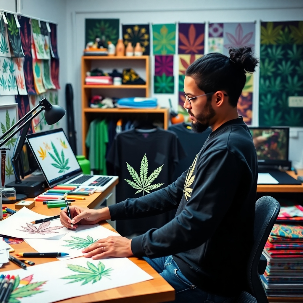 A vivid image of a designer at work creating custom cannabis designs on apparel. The workspace is filled with colorful sketches, fabric swatches, and digital tools. The scene is bright and energetic, capturing the creative process with dynamic angles. Each element in the workspace adds depth, showcasing a fusion of craftsmanship and technology, crafted in fine detail.