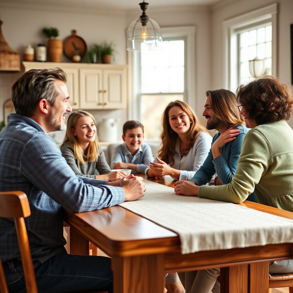 A warm and inviting image featuring a real estate agent sitting with a family at a kitchen table, enthusiastically discussing their home buying journey. The kitchen radiates cozy charm, filled with natural light and personal touches. The camera is angled to capture the rapport between the agent and the clients, emphasizing the personalized service offered by Amy Parks. The textures of the home and the expressions of engagement should be highlighted in a vibrant, high-resolution image.
