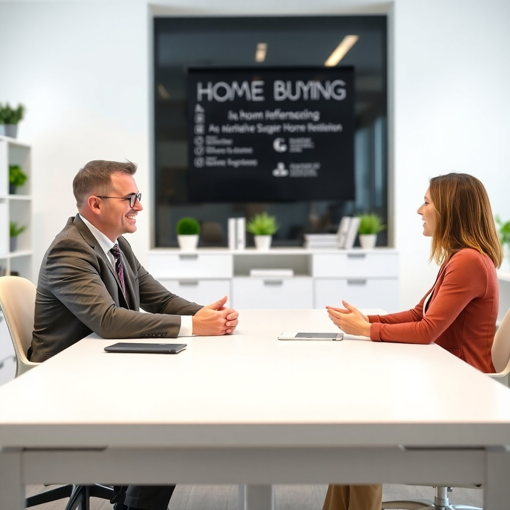 A welcoming image of an agent sitting across a table from a client, discussing the home buying process. The office space is bright and organized, with a focus on friendly communication and trust-building. The camera angle captures both parties engaged in conversation, enhancing the atmosphere of cooperation. This setting aims for a relatable and inviting tone, rendered in high-resolution detail.
