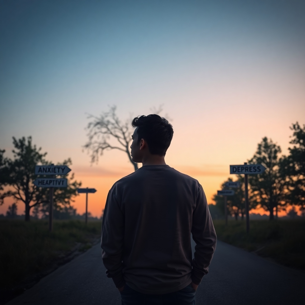 An artistic representation of a person standing at a crossroad, contemplating the paths ahead. The scene shows different signs labeling various mental health challenges like anxiety, depression, and stress. A soft gradient of twilight sets a reflective mood, with a focus on the individual's pensive expression. The surrounding trees lend a sense of shelter, suggesting support and the journey ahead in high detail.