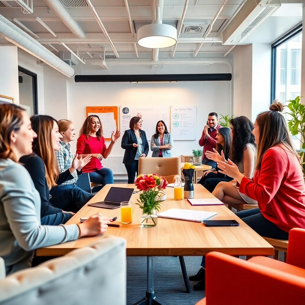 An energetic and inspiring image of the Amy Parks team in action during a brainstorming session. The indoor office setting is bright and filled with enthusiasm, with team members actively engaging. The composition should convey creativity and collaboration, with modern furnishings and motivational charts in the background. The camera angle highlights the energy of the room, aiming for a vibrant and inviting feel, presented in high-resolution clarity.