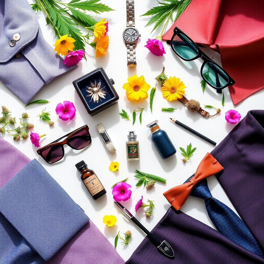 An engaging image displaying a flat lay of various cannabis accessories suited for casual and formal occasions. The composition is arranged artfully, incorporating flowers and herbs to create a natural feel. Each item is thoughtfully placed to emphasize its versatility with mutual contrast in colors and materials. Bright, natural light fills the scene, showcasing textures beautifully, captured in vivid detail.