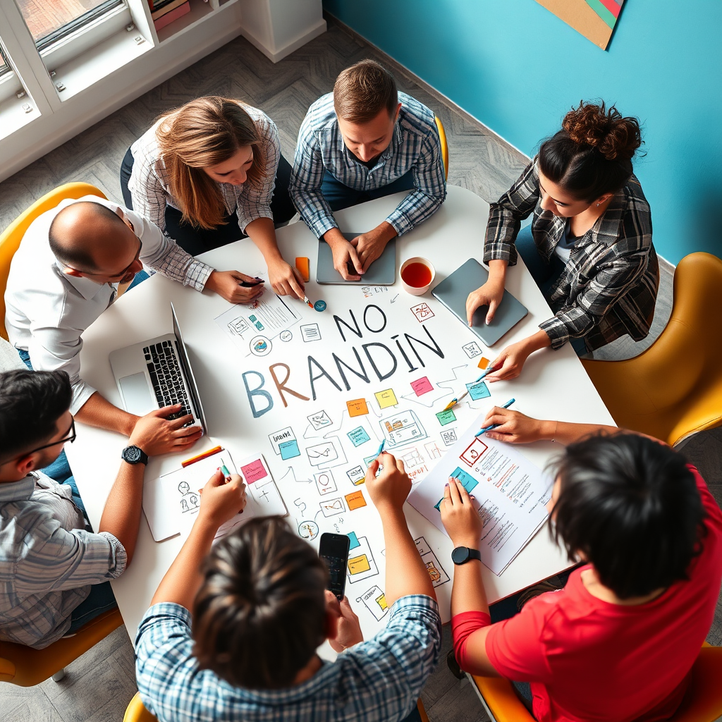 An engaging image of a digital branding workshop in action, highlighting a diverse group brainstorming ideas over branding materials. The composition should be bright, with a vibrant color scheme to enhance creativity and collaboration. Include props like laptops, markers, and design boards scattered around. The camera angle should capture the enthusiasm of team collaboration, presenting a positive atmosphere for innovation.