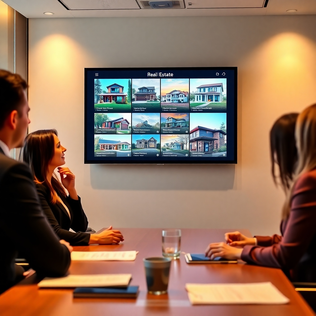 An engaging image of a real estate listing presentation, with a collage of beautiful homes displayed on a digital screen. The setting is a sophisticated office meeting room, with professionals discussing the merits of each property. The lighting is warm, casting a friendly glow on the room, and the camera captures a sense of collaboration and enthusiasm. The composition should aim for clarity and high-quality realism.