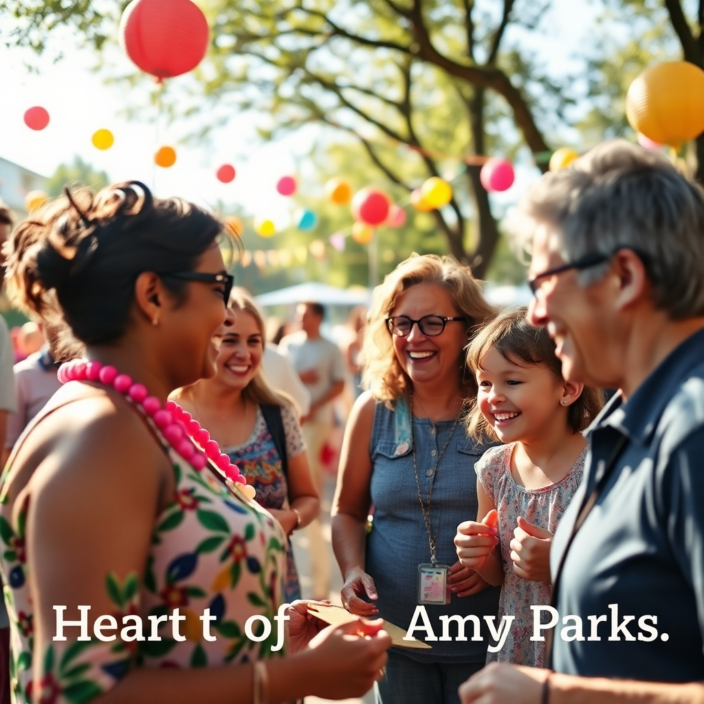 An engaging snapshot of a community event sponsored by Amy Parks, featuring locals enjoying a sunny day at a park. The atmosphere is festive, showcasing families laughing and connecting, with colorful decorations adding vibrancy. The camera angle draws in close to capture the happiness and sense of community, creating an inviting atmosphere. The image should convey the heart of Amy Parks, rendered in photorealistic detail.