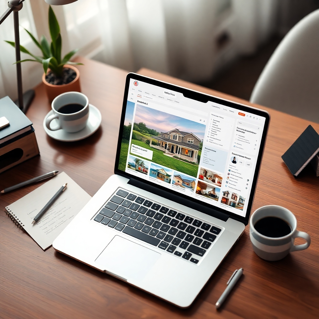 An eye-catching layout of property listings featured on a sleek laptop, surrounded by coffee cups and notes. The screen should display a captivating image of a home alongside essential details, emphasizing clarity and accessibility. The workspace ambience should be inviting and conducive to research, captured from an overhead angle to include soft lighting and workspace details, rendered in high-resolution quality.