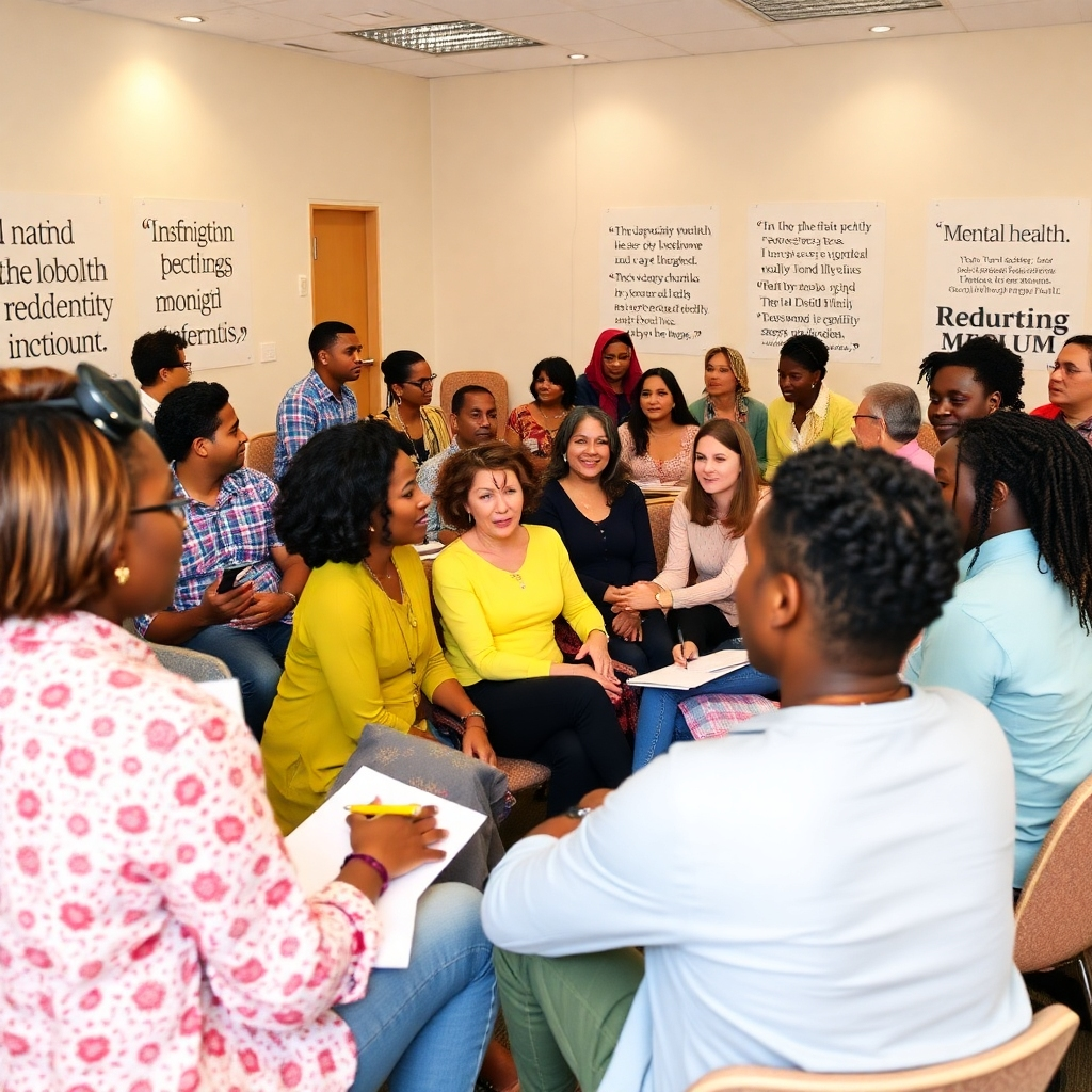 An image depicting a lively workshop session in progress, with participants actively engaging in discussions and activities. The room is bright and well-decorated with inspiring quotes on the walls. The diversity of participants illustrates inclusion in mental health discussions. The atmosphere is energetic and supportive, enhancing the thematic expression of community and learning in high resolution.