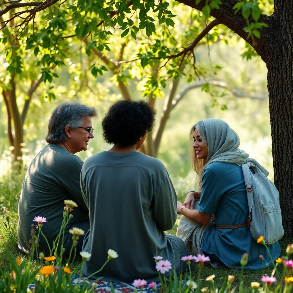 An image representing a cozy adjoining circle where community members share stories of resilience while surrounded by natural beauty. The environment is filled with trees and wildflowers, and soft, dappled sunlight filters through the leaves. The group's expressions of empathy and support are captured in heartfelt detail, conveying a sense of camaraderie against a calming backdrop.