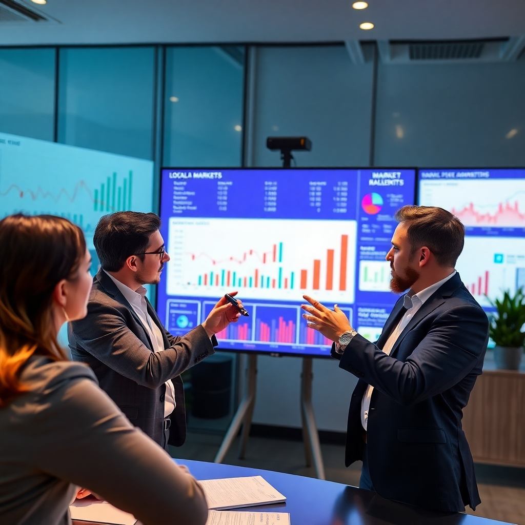 An informative image featuring a market analysis session, where agents are dissecting data on a large screen. The background is filled with charts and local market information, presenting a professional and analytical environment. The camera angle highlights the agents' expressions of focus and expertise in real estate trends, depicted in high-quality resolution for clarity.