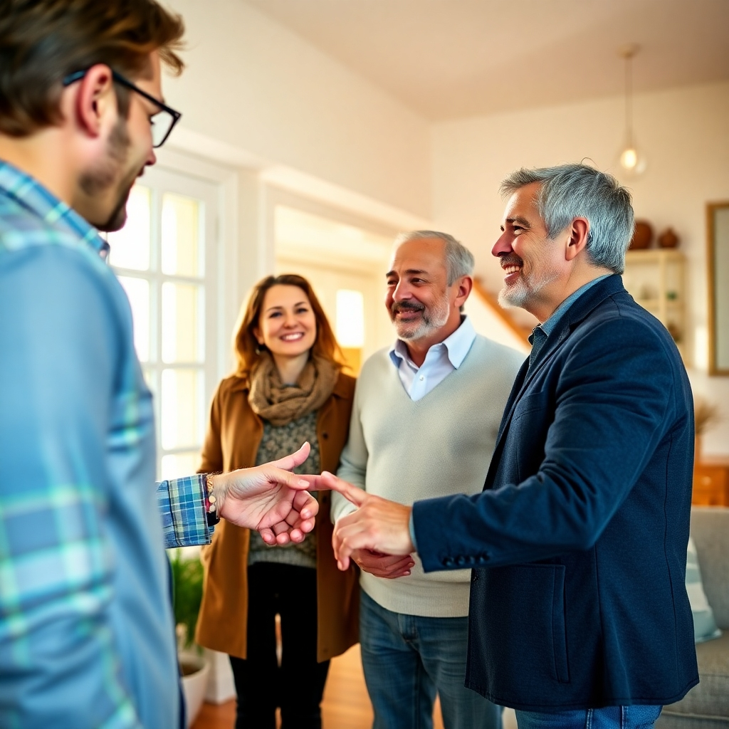 An inspiring image depicting a real estate agent showing a couple through a beautiful home, emphasizing the caring interaction and trust established. The lighting is bright and invites a sense of exploration, with the camera angle focused on the agent pointing out key features of the home. The surroundings should reflect a sense of warmth, aspiration, and the essence of home. The style should capture a realistic and relatable atmosphere in high-quality resolution.