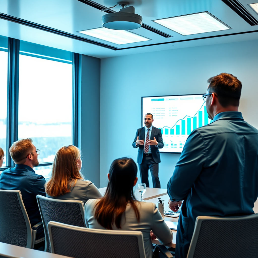 An inspiring image of a business consultant presenting insights to a team in a modern conference room. The lighting should be bright and engaging, with a color palette of blues and whites promoting clarity. Include details like a large screen showing growth charts and engaged listeners. Use a camera angle that captures both the presenter and the audience's expressions, delivering a sense of excitement and engagement. The image needs to be high quality to reflect professionalism.